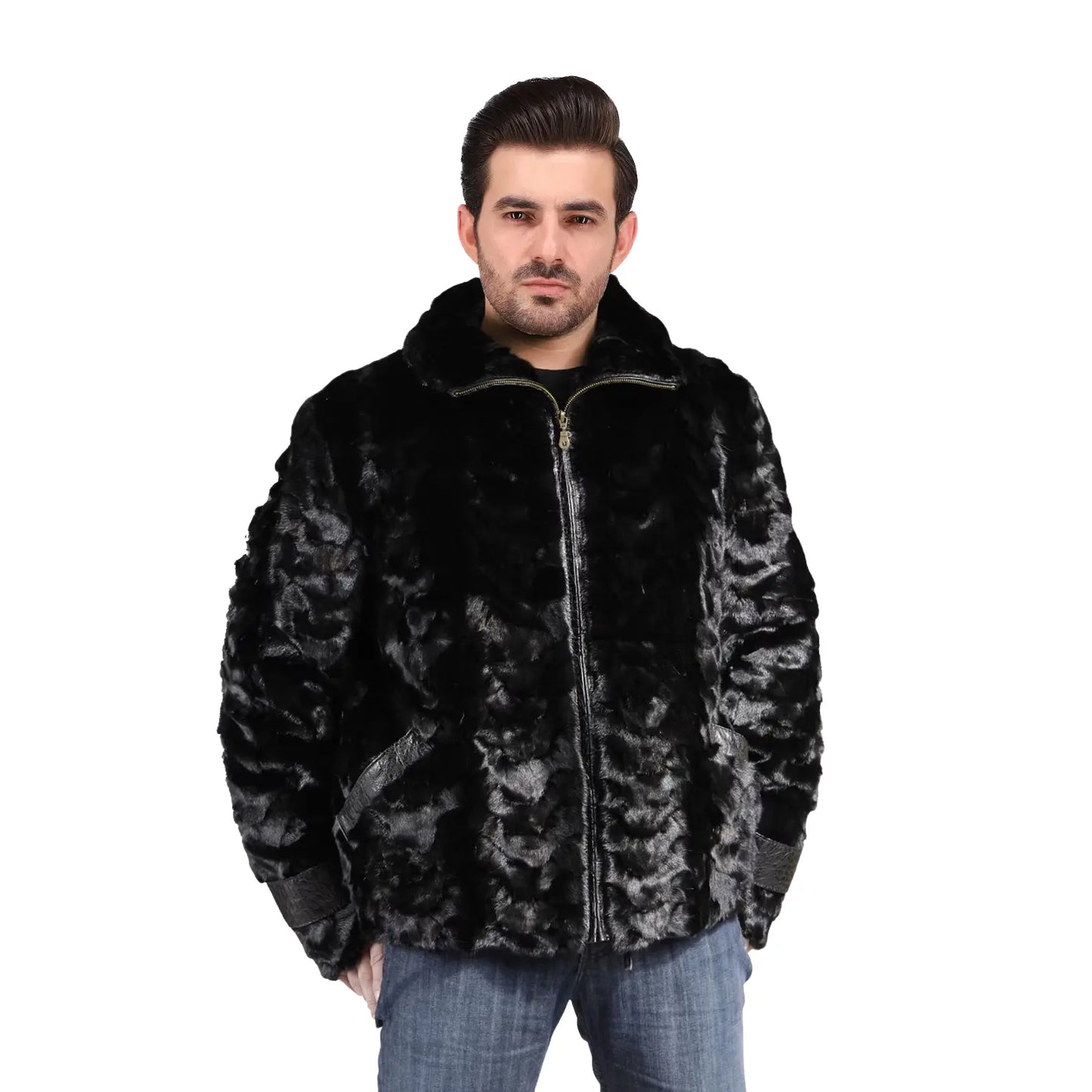 Man wearing a black fur jacket on a white background