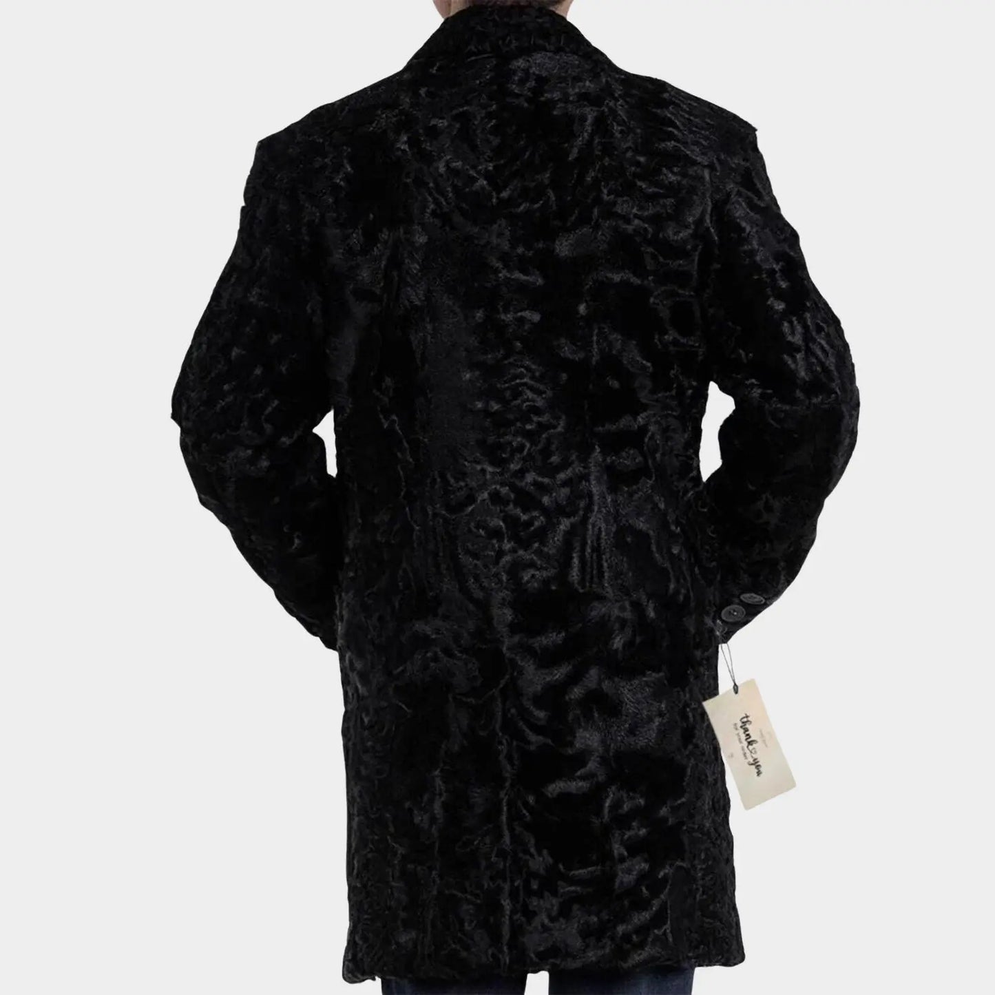 Black textured coat with a tag on a white background