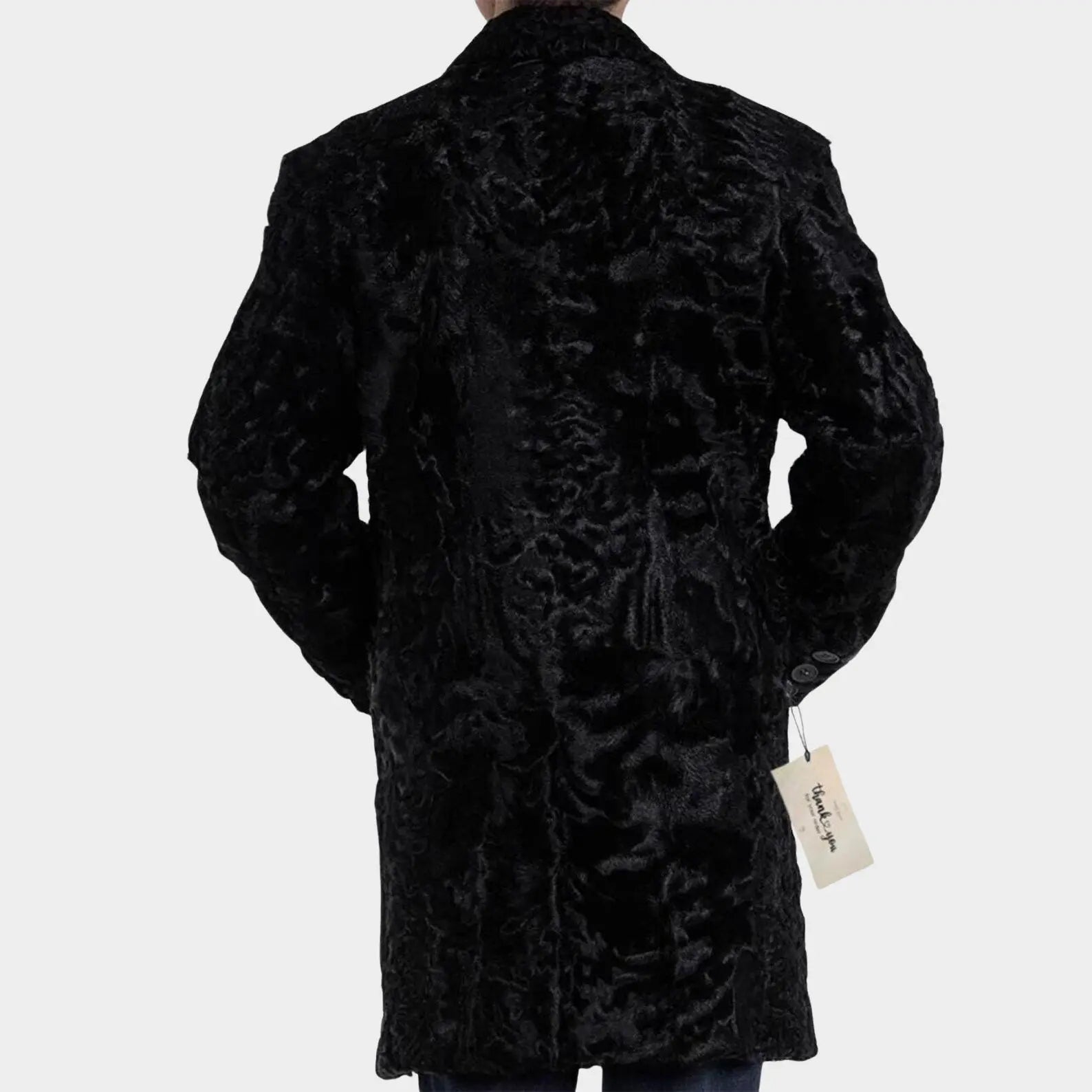 Black textured coat with a tag on a white background