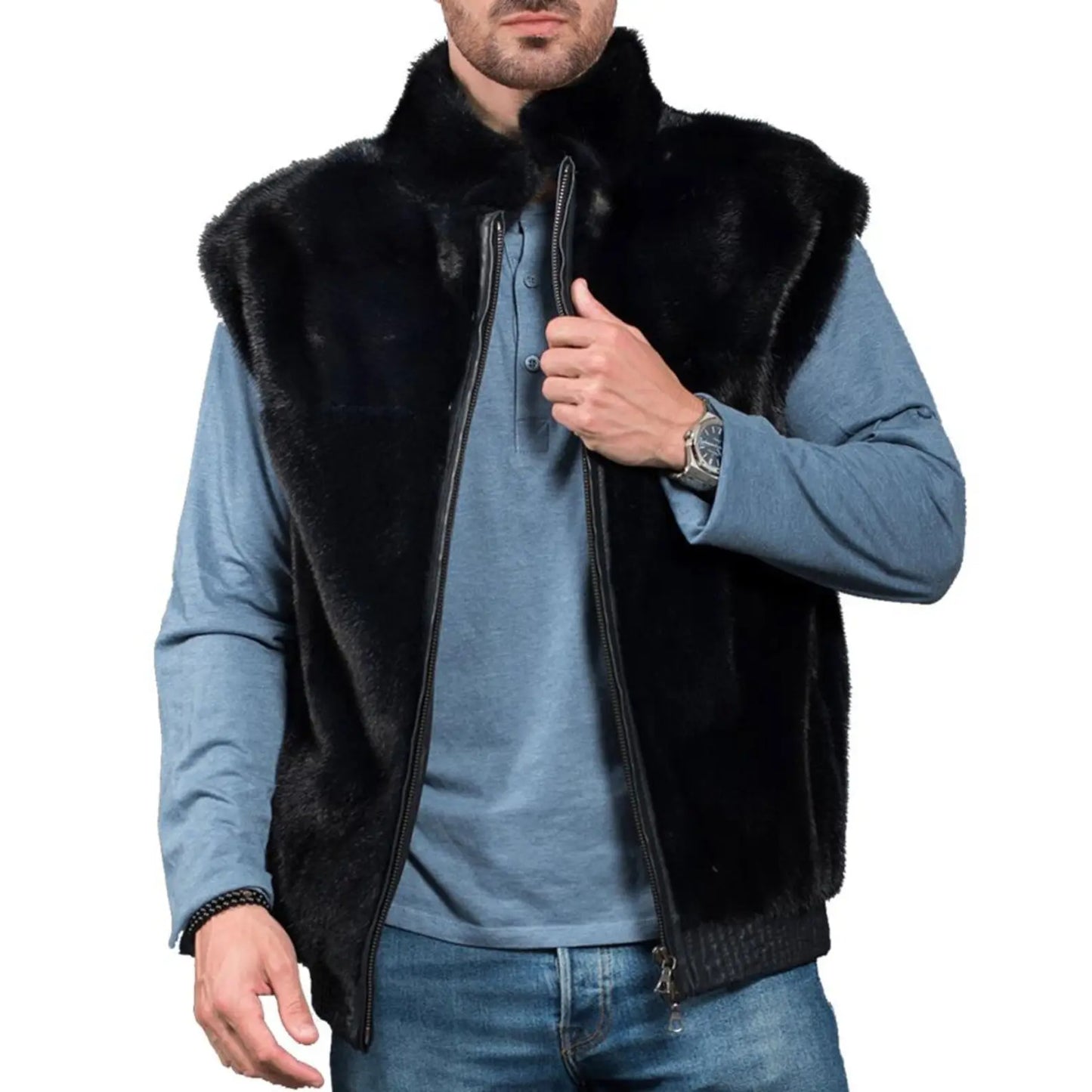 Man wearing a black fur vest over a blue shirt on a white background