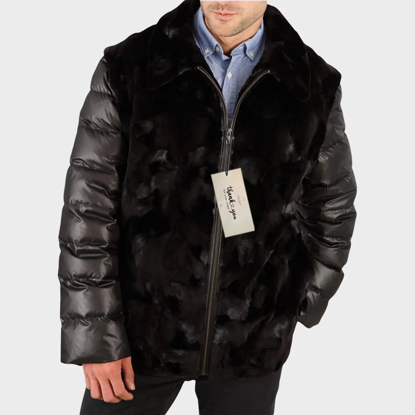 Men’s Sculptured Mink Jacket Quilted Sleeves Mink Vest - Men's Convertible Mink Vest