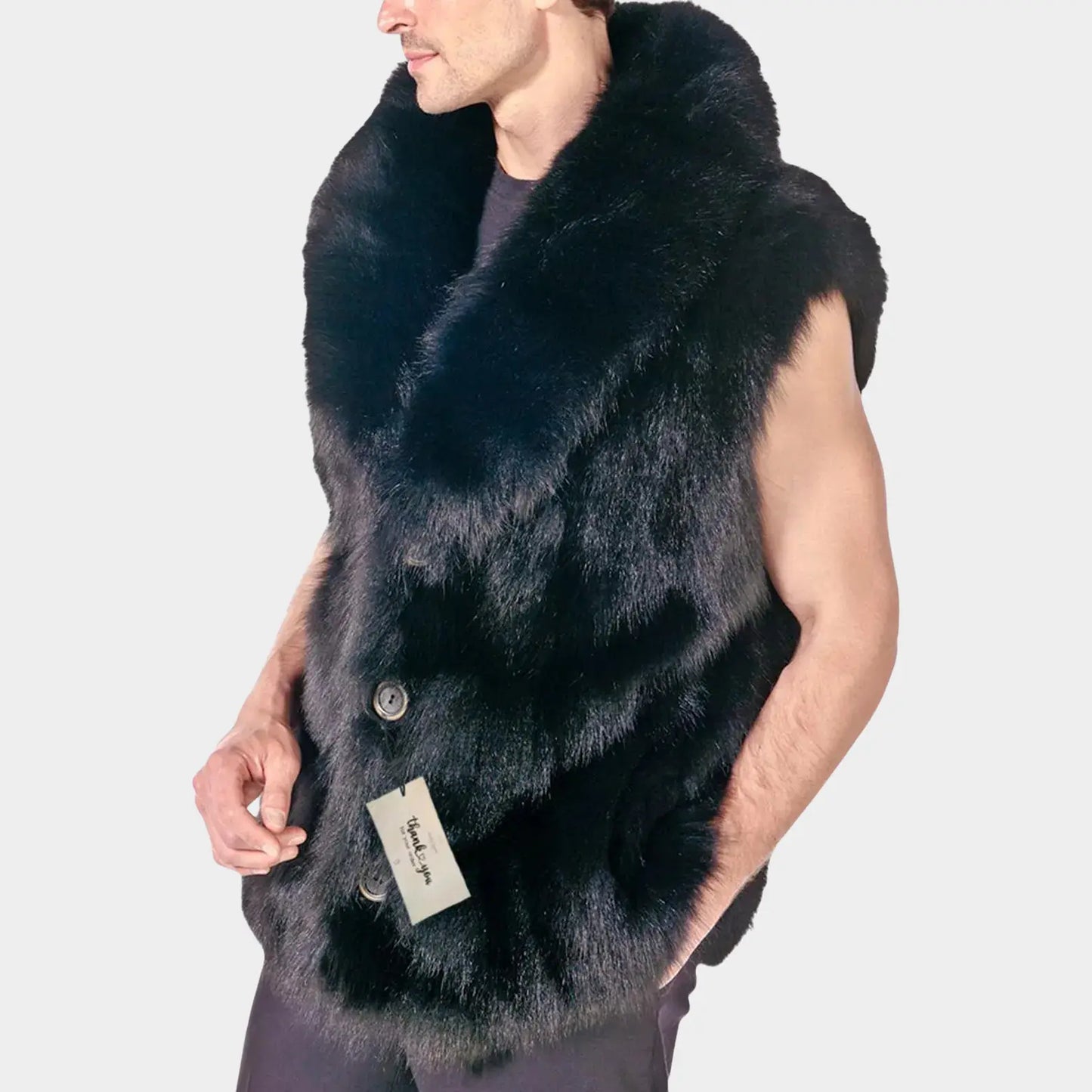 Black fur vest worn by a person on a light gray background