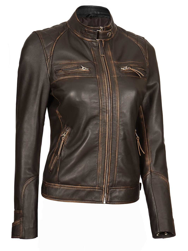 Olivia Women's Tan Quilted Diamond Biker Leather Jacket