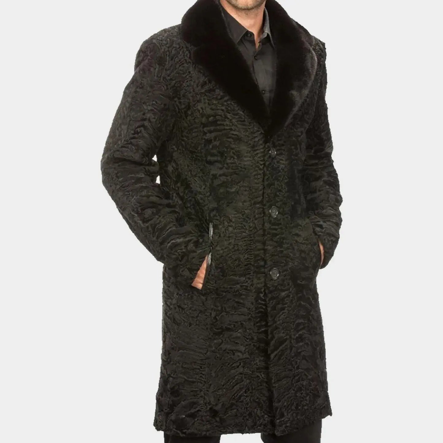 Dark textured coat with fur collar on a white background