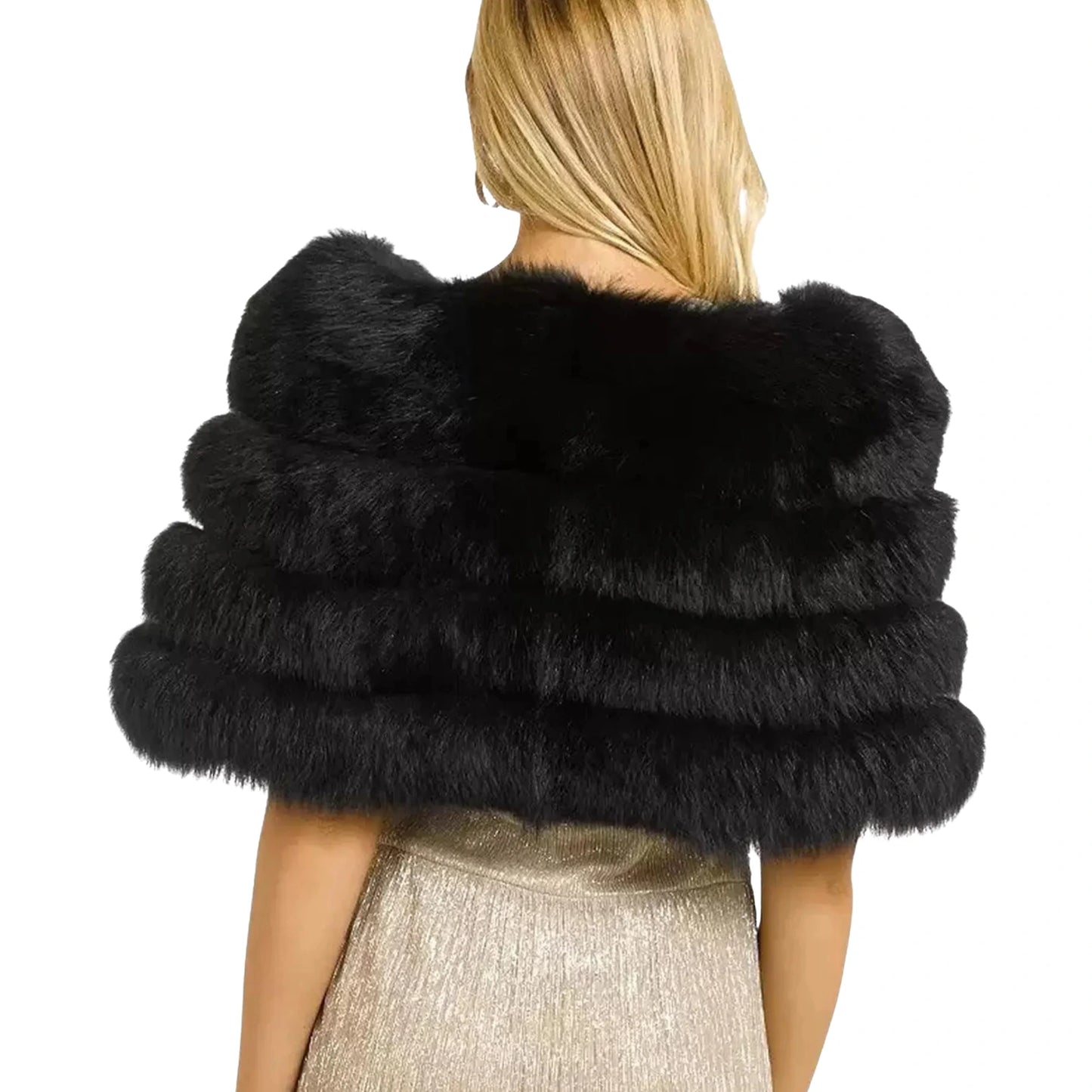 Black fur shrug worn by a person on a white background