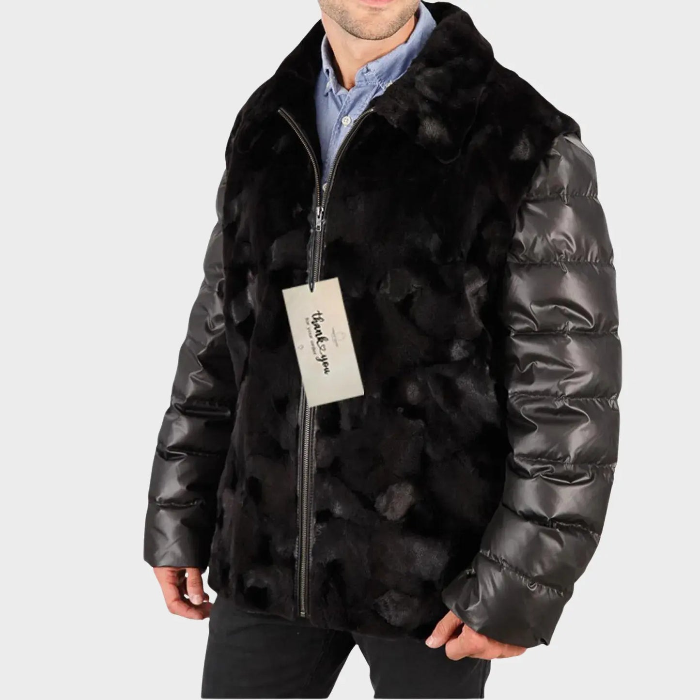 Men’s Sculptured Mink Jacket Quilted Sleeves Mink Vest - Men's Convertible Mink Vest