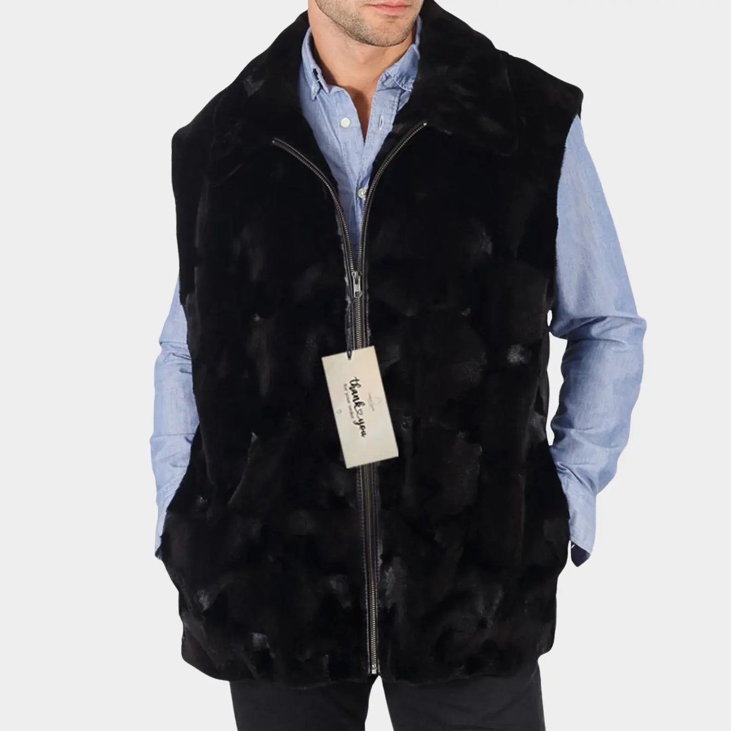 Men’s Sculptured Mink Jacket Quilted Sleeves Mink Vest - Men's Convertible Mink Vest