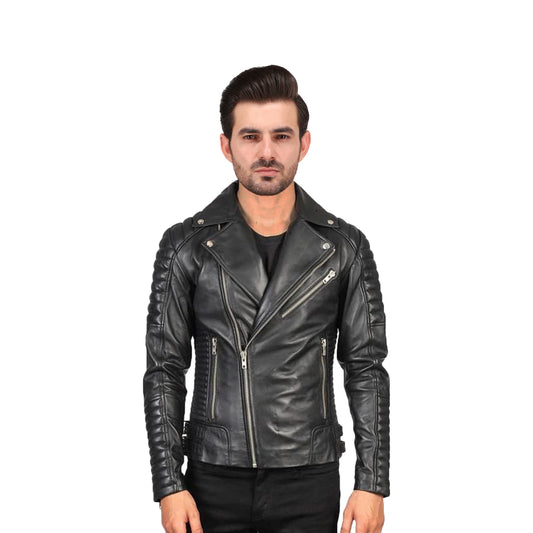 Mens Distressed Black Quilted Asymmetrical Leather Biker Jacket