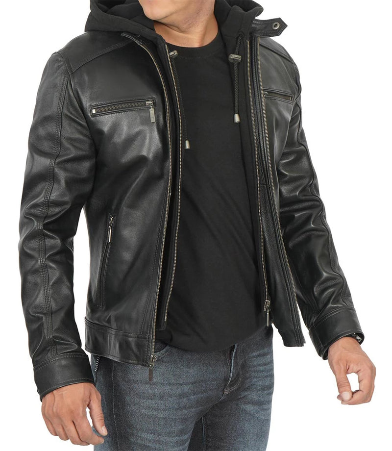 Merrill Men's Black Leather Jacket with Removable Hoodie