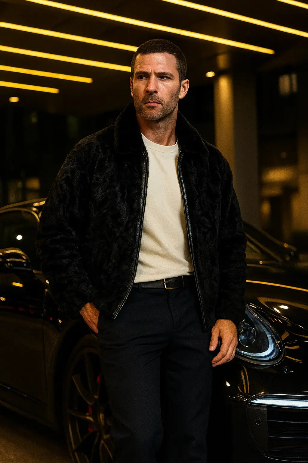Black Persian Lamb Fur B-3 Bomber jacket Coat Mink Fur collar