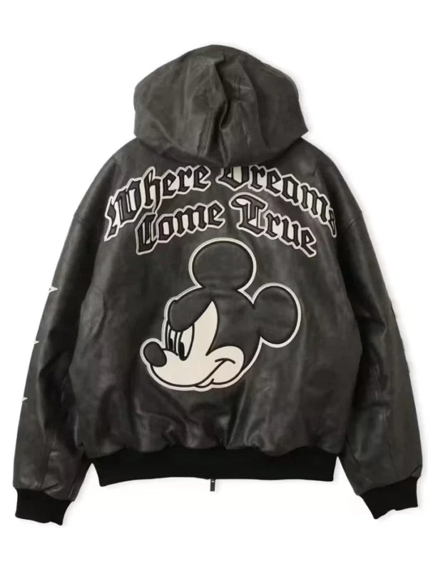 Disney x Adidas Mickey Mouse 2026 Black Leather Hooded Jacket