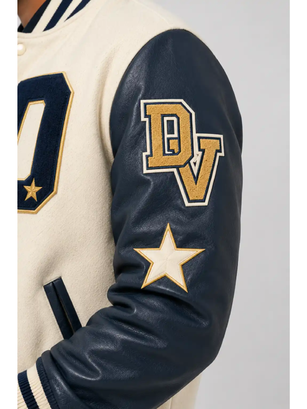 Dream Cream Wool Leather Navy Letterman Varsity Jacket On Sale
