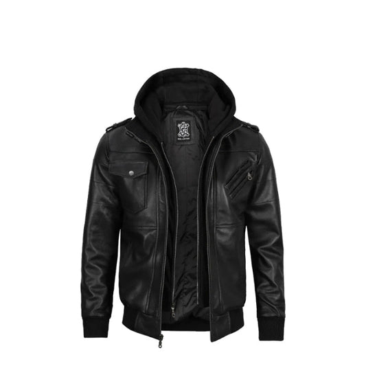Edinburgh Men's Black Cafe Racer Hooded Leather Jacket