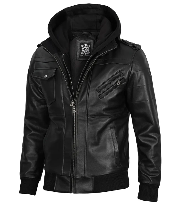 Edinburgh Men's Black Cafe Racer Hooded Leather Jacket