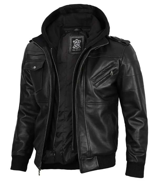 Edinburgh Men's Black Cafe Racer Hooded Leather Jacket