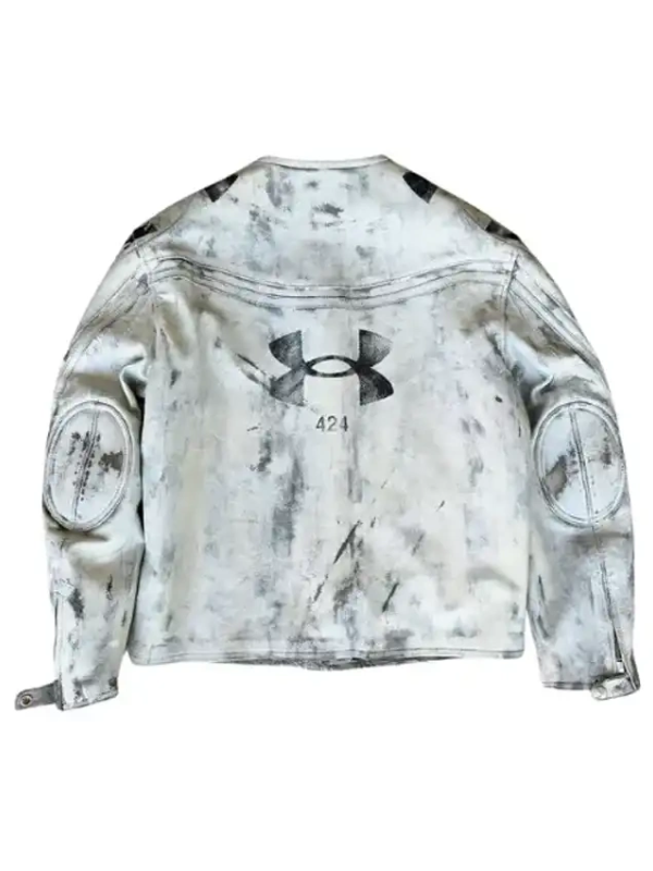 Gunna Paris Fashion Week 2026 Under Armour Vintage Moto Red and White Leather Jacket
