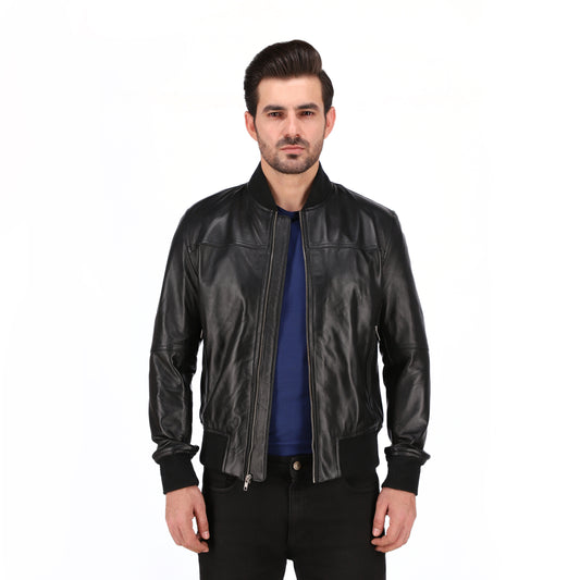 Men's Black Cafe Racer Lambskin Leather Bomber Jacket