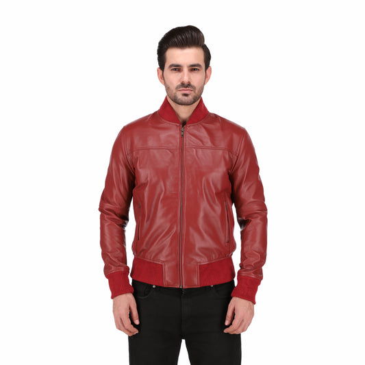 Men's Maroon Cafe Racer Lambskin Leather Bomber Jacket