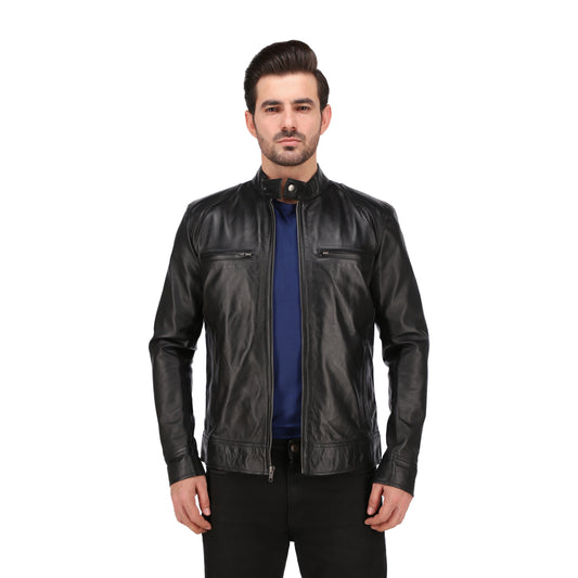 Men's Fashion Black Cafe Racer Leather Biker Jacket