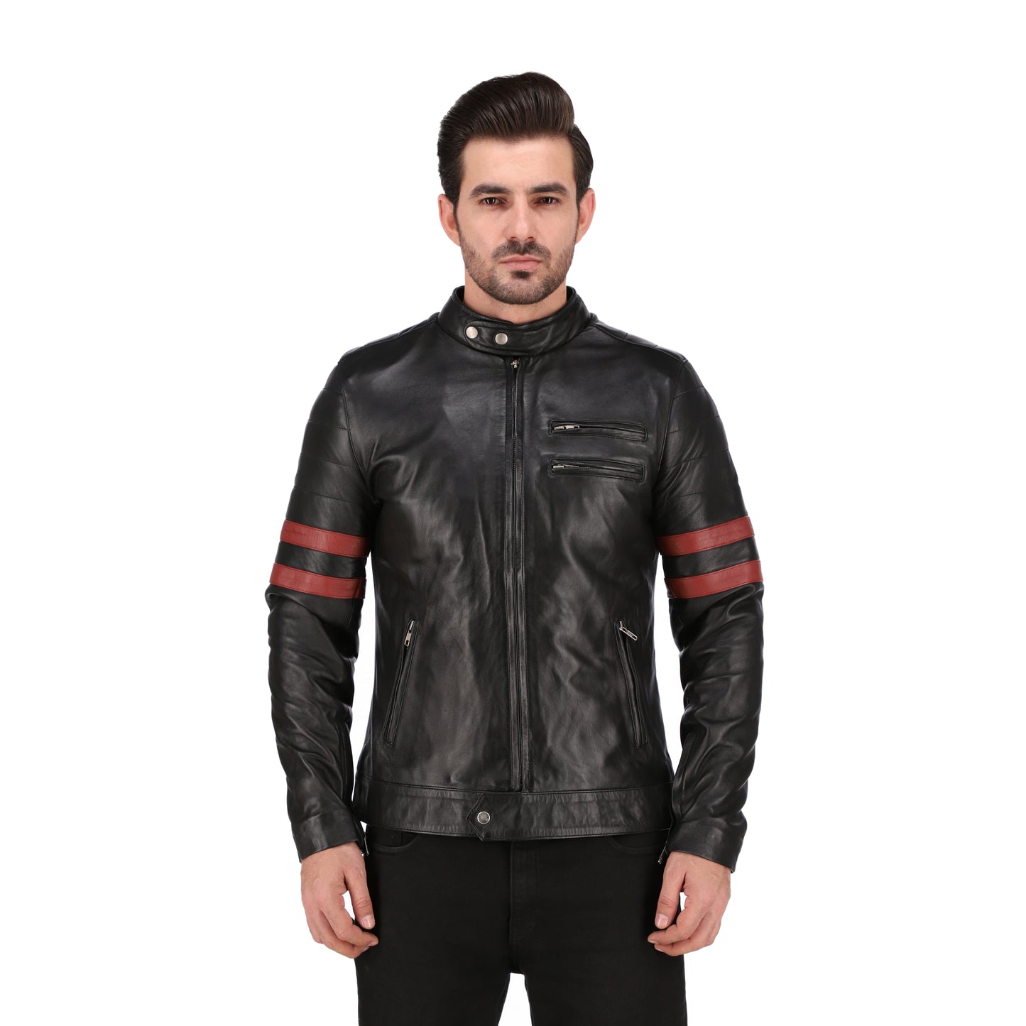 Men’s Red Stripes Black Real Leather Biker Jacket