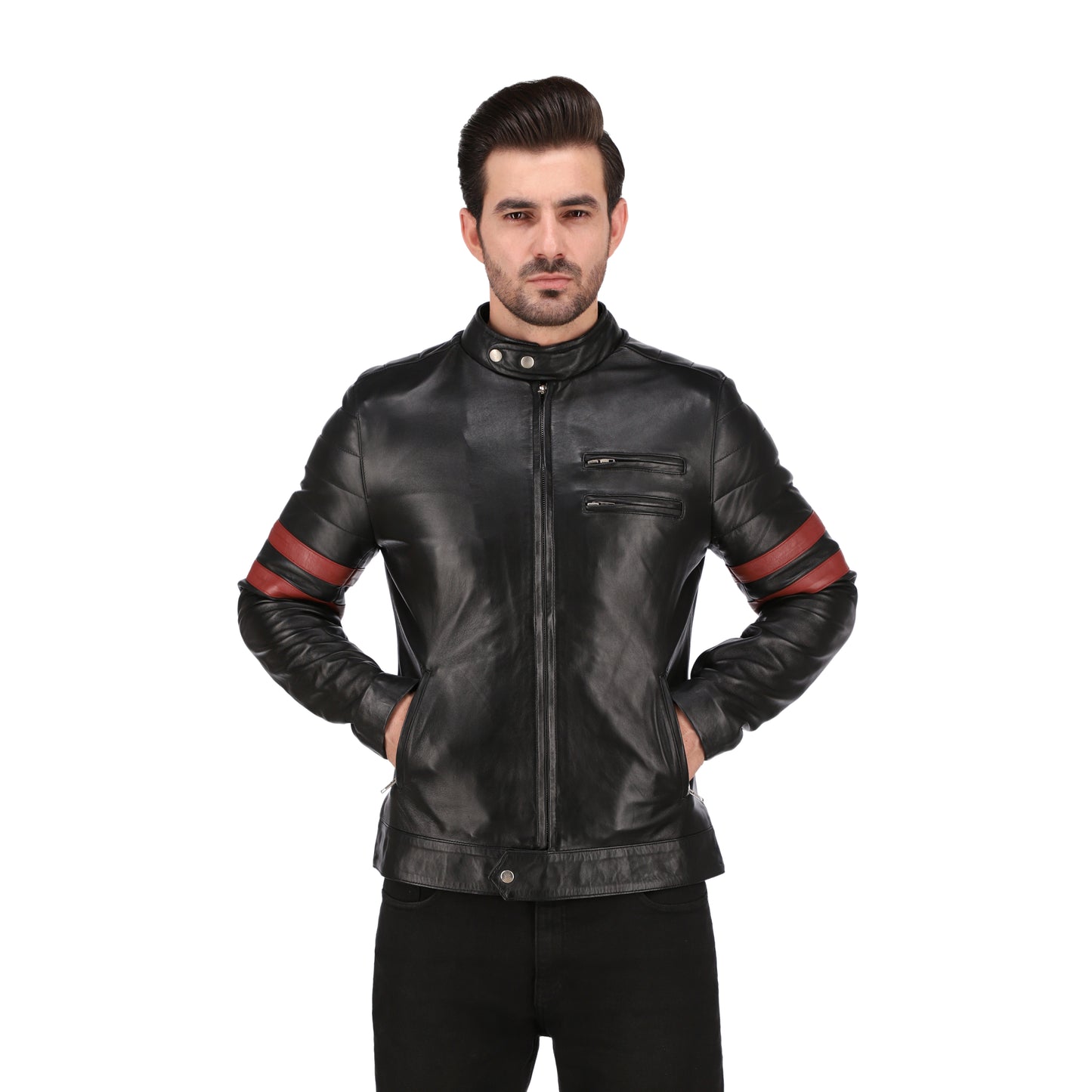 Men’s Red Stripes Black Real Leather Biker Jacket