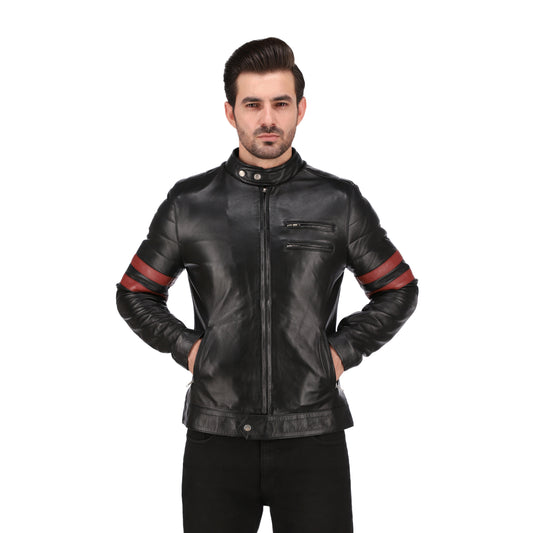 Men’s Red Stripes Black Real Leather Biker Jacket