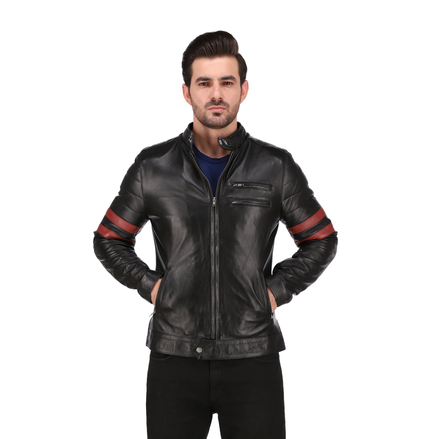 Men’s Red Stripes Black Real Leather Biker Jacket