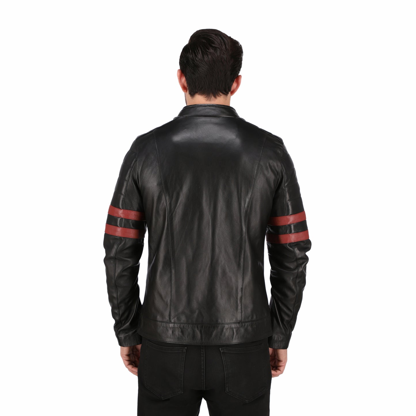 Men’s Red Stripes Black Real Leather Biker Jacket