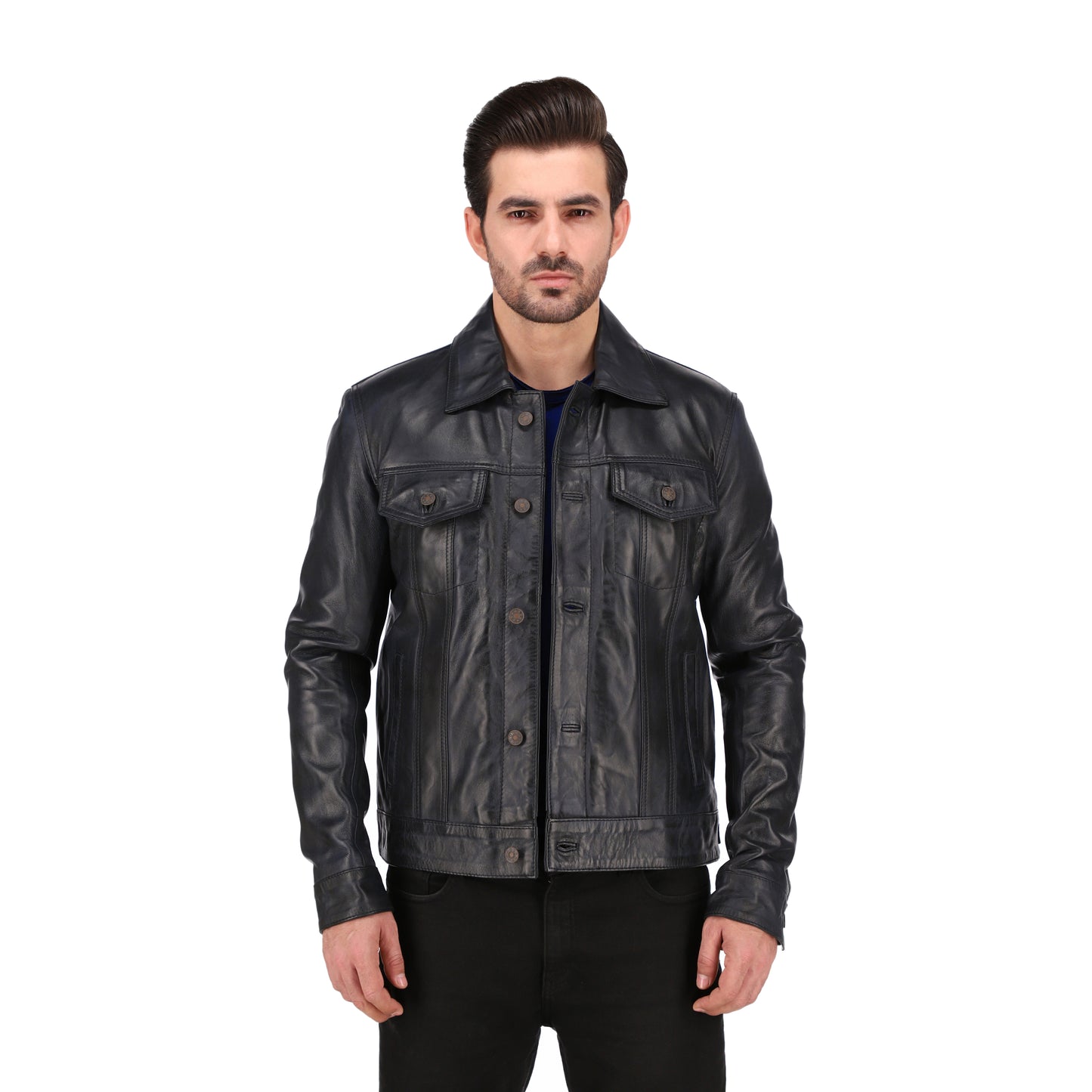 Mens Black Brown Real Lambskin Leather Trucker Jacket