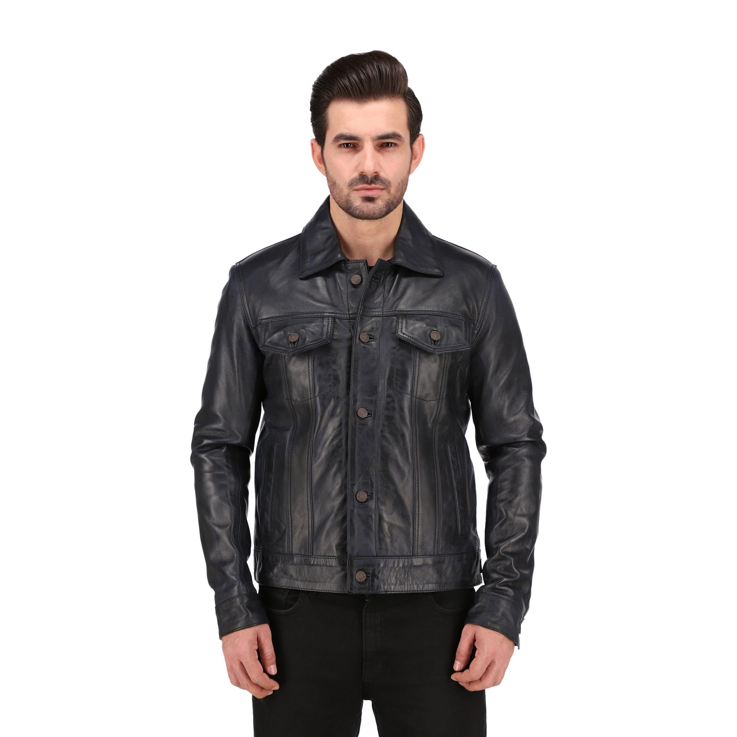 Mens Black Brown Real Lambskin Leather Trucker Jacket