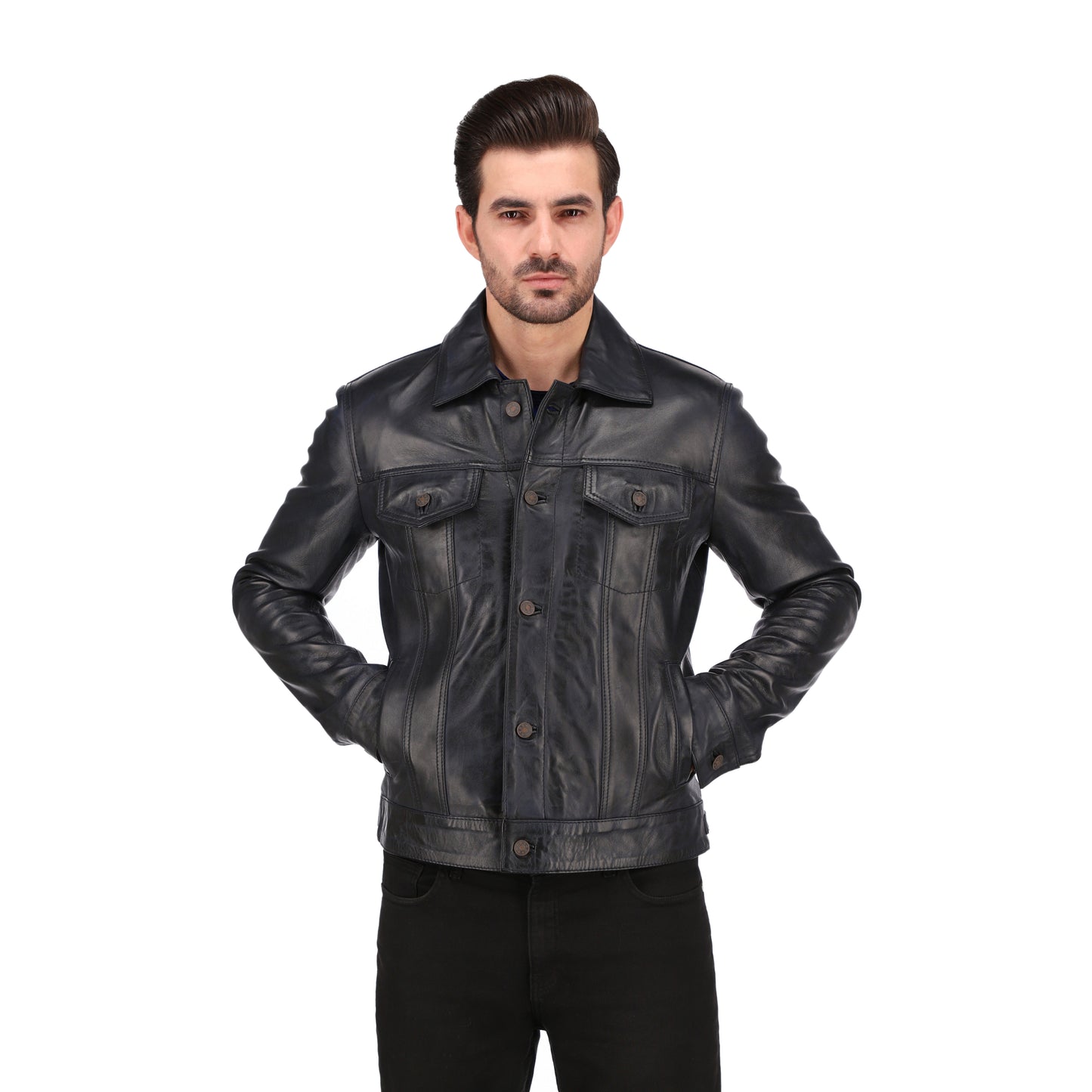 Mens Black Brown Real Lambskin Leather Trucker Jacket