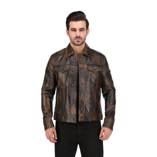 Mens Brown Distressed Real Lambskin Leather Trucker Jacket