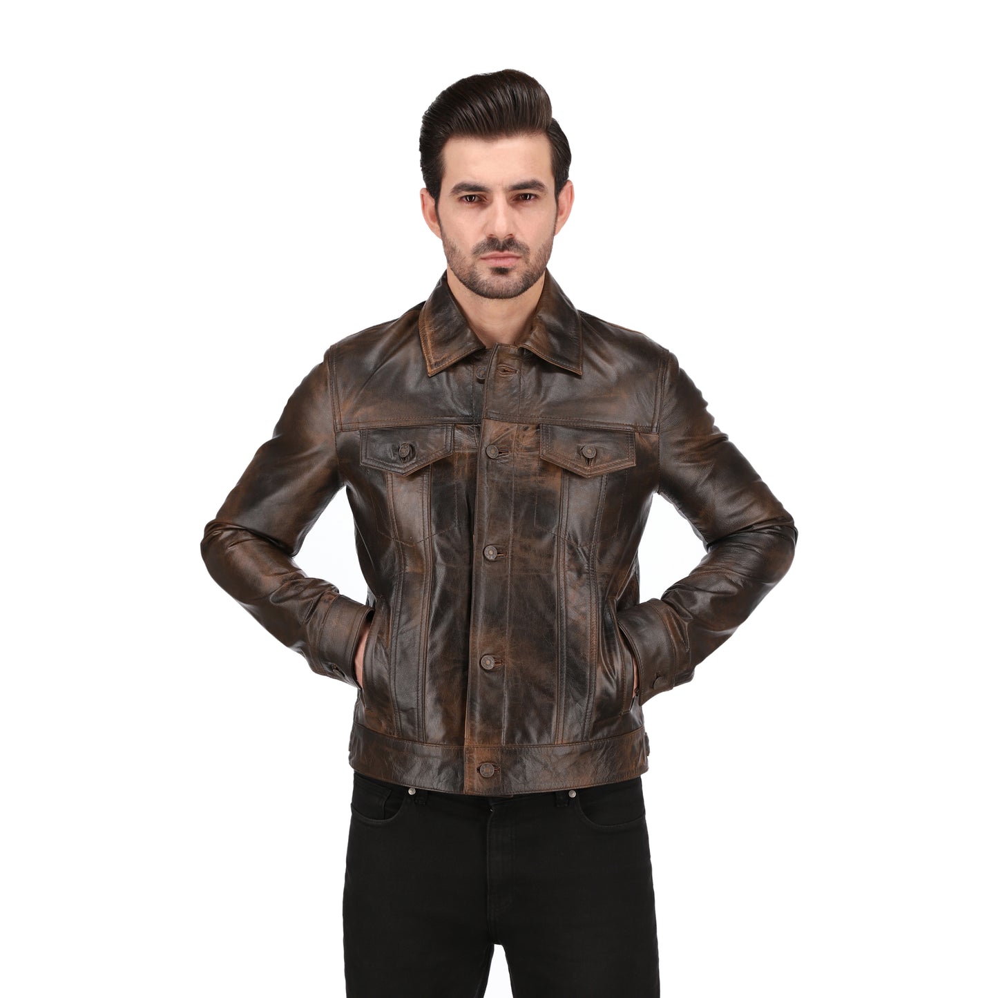 Mens Brown Distressed Real Lambskin Leather Trucker Jacket