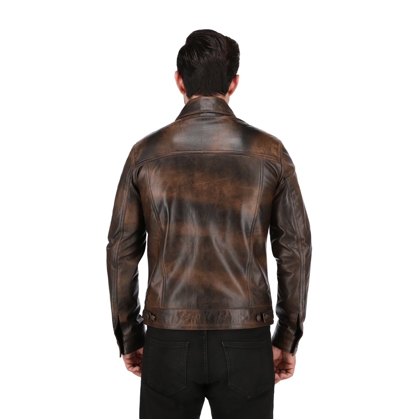 Mens Brown Distressed Real Lambskin Leather Trucker Jacket