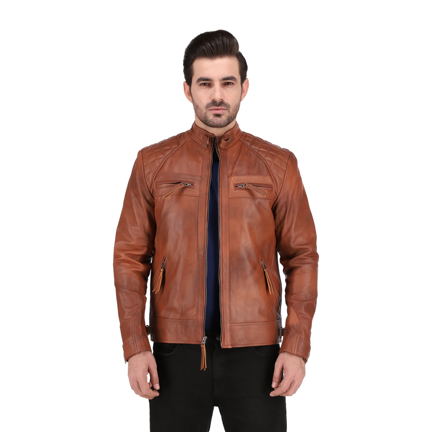 Men's Cognac Tan Brown Quilted Cafe Racer Leather Jacket