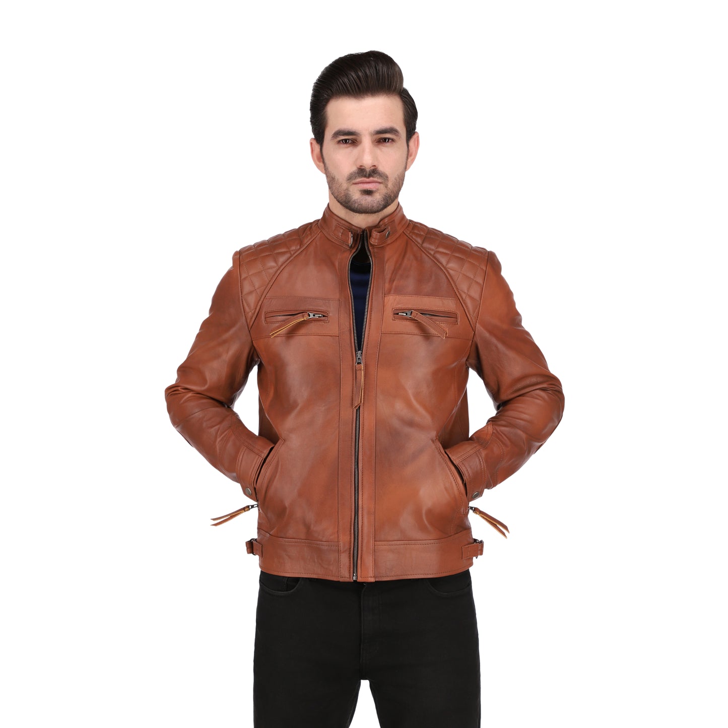 Men's Cognac Tan Brown Quilted Cafe Racer Leather Jacket