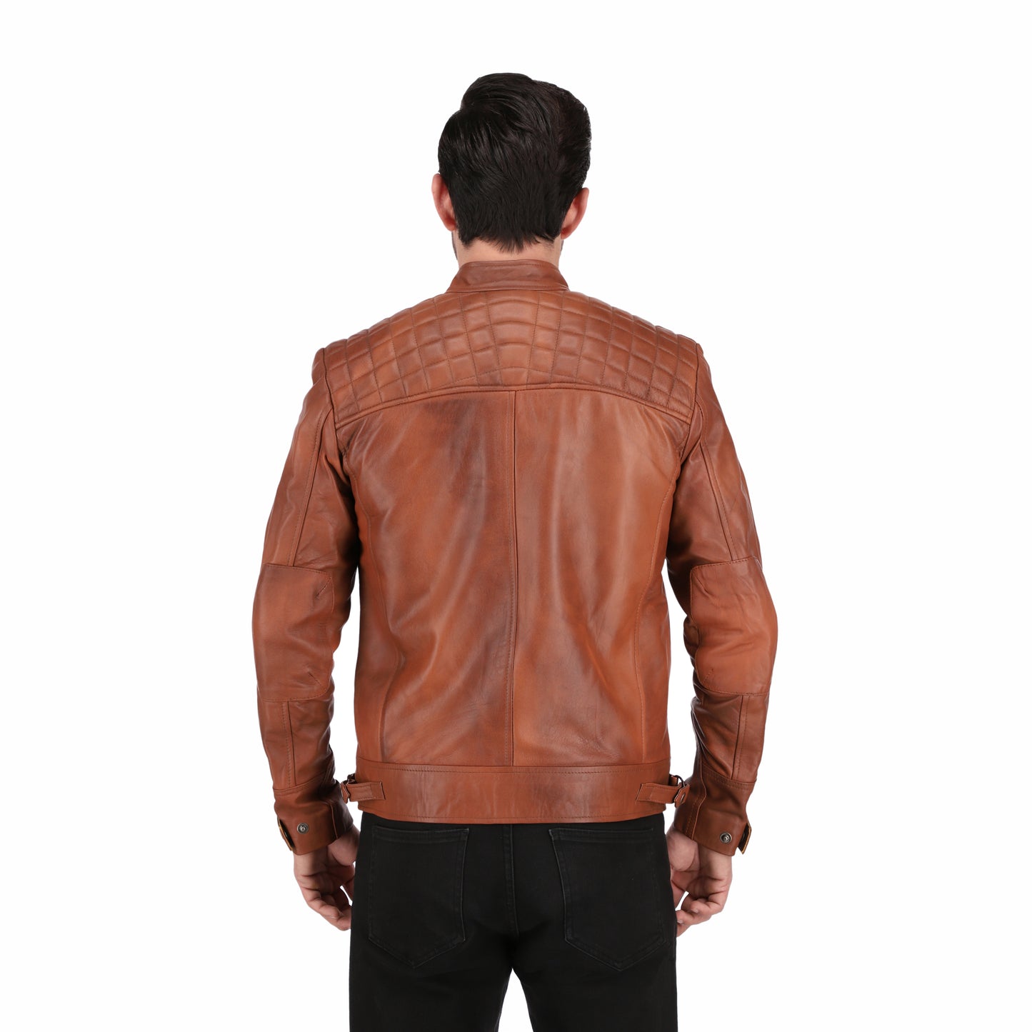 Men's Cognac Tan Brown Quilted Cafe Racer Leather Jacket