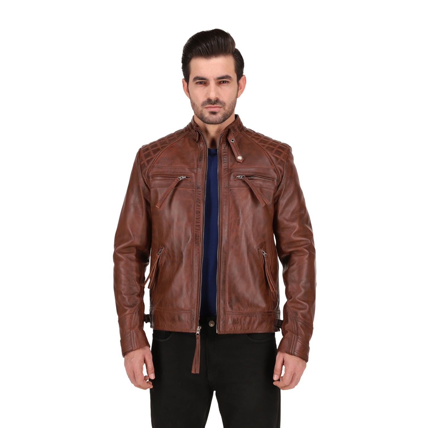 Men's Cognac Brown Quilted Cafe Racer Leather Jacket