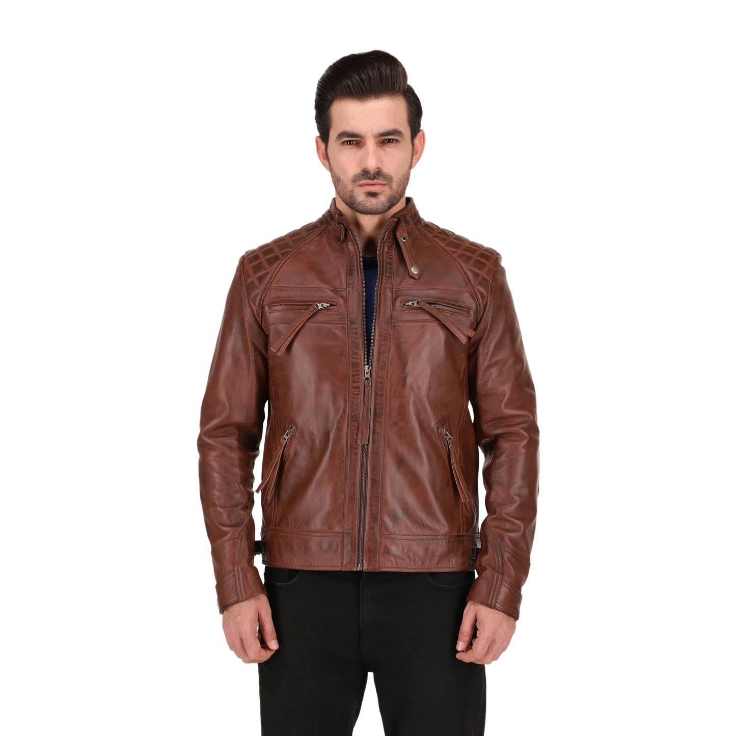 Men's Cognac Brown Quilted Cafe Racer Leather Jacket