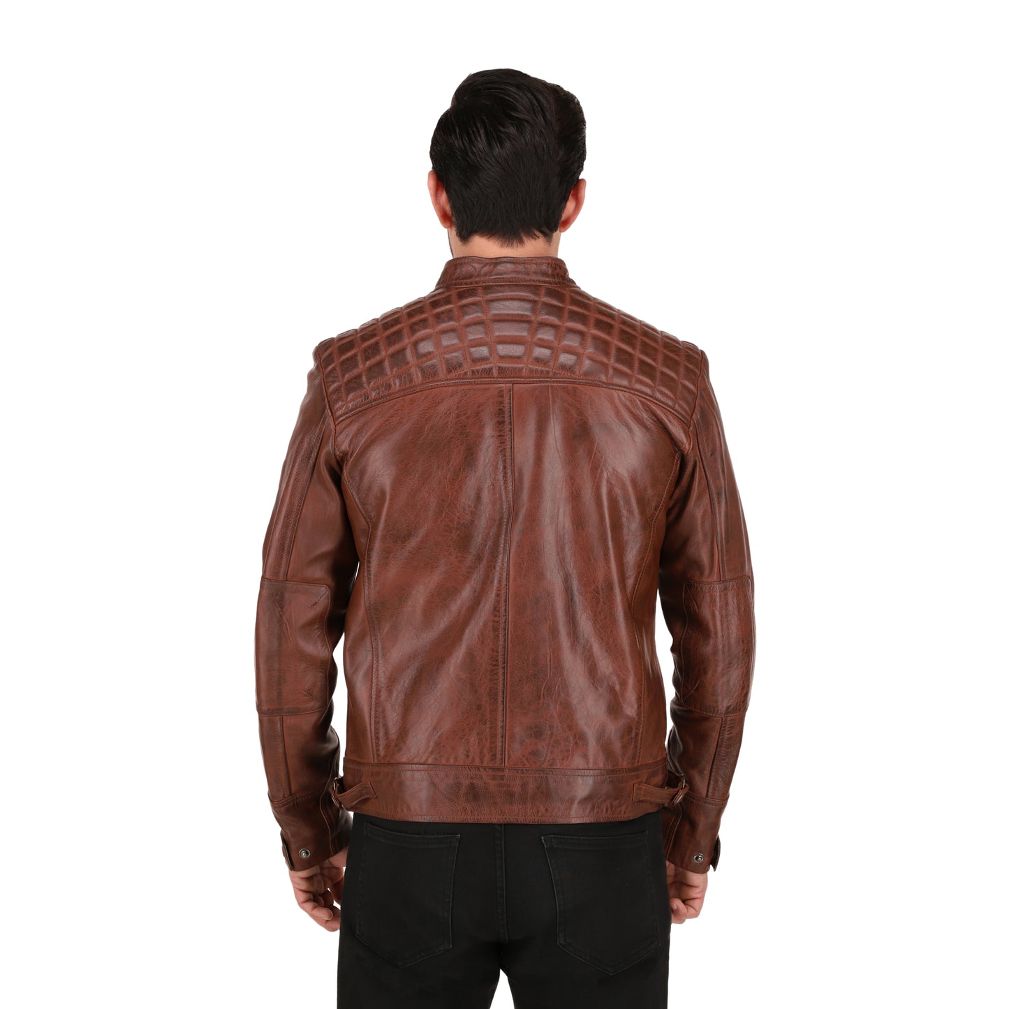 Men's Cognac Brown Quilted Cafe Racer Leather Jacket