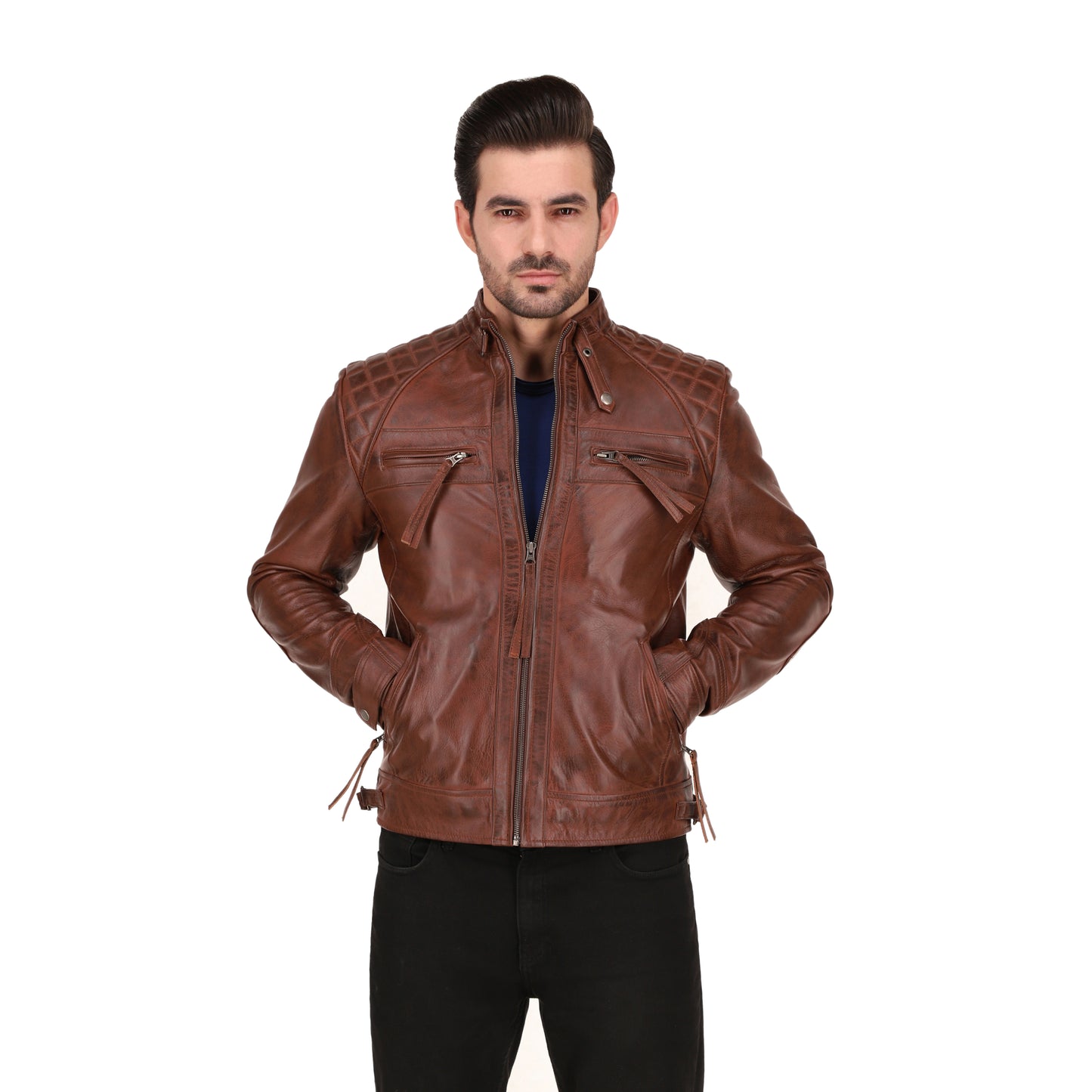 Men's Cognac Brown Quilted Cafe Racer Leather Jacket