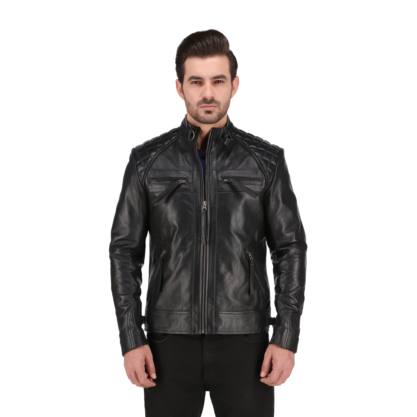 Men's Cognac Black Quilted Cafe Racer Leather Jacket