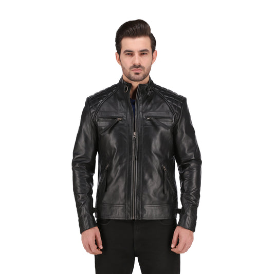 Men's Cognac Black Brown Quilted Cafe Racer Leather Jacket