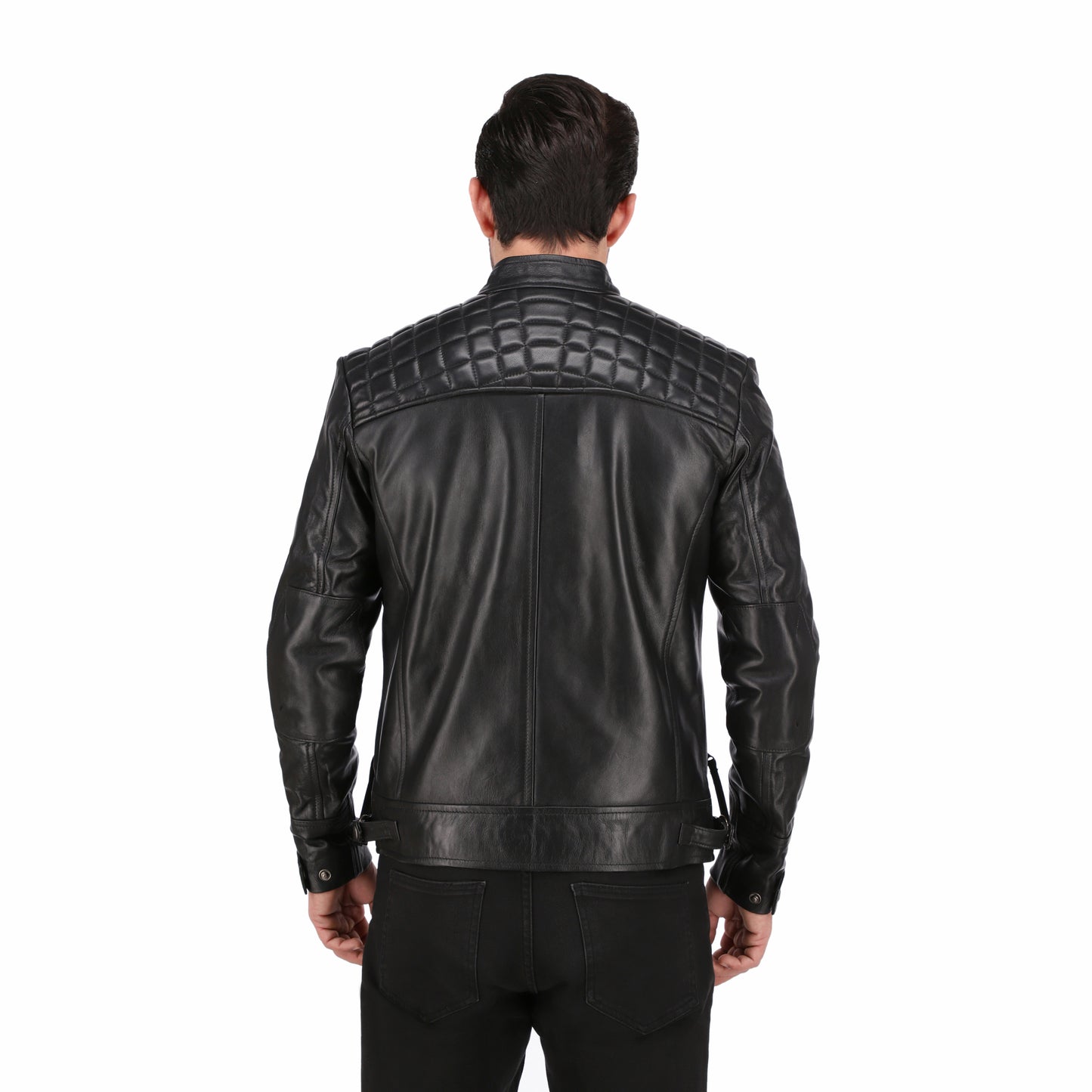Men's Cognac Black Quilted Cafe Racer Leather Jacket
