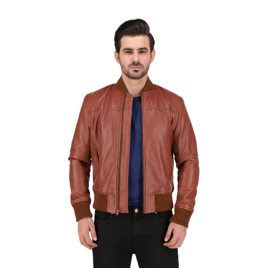 Men's Tan Brown Cafe Racer Lambskin Leather Bomber Jacket