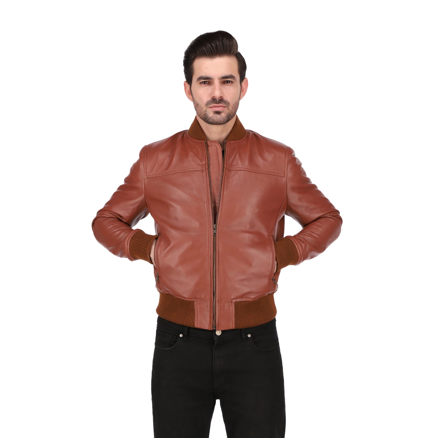 Men's Tan Brown Cafe Racer Lambskin Leather Bomber Jacket