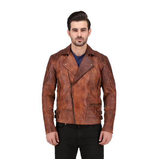 Mens Distressed Tan Brown Quilted Asymmetrical Leather Biker Jacket