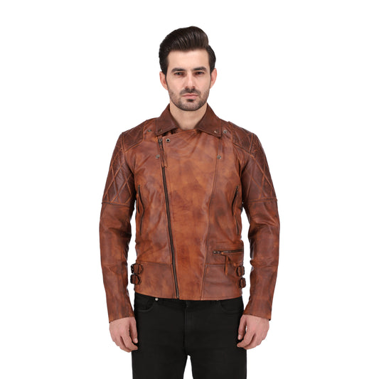 Mens Distressed Tan Brown Quilted Asymmetrical Leather Biker Jacket