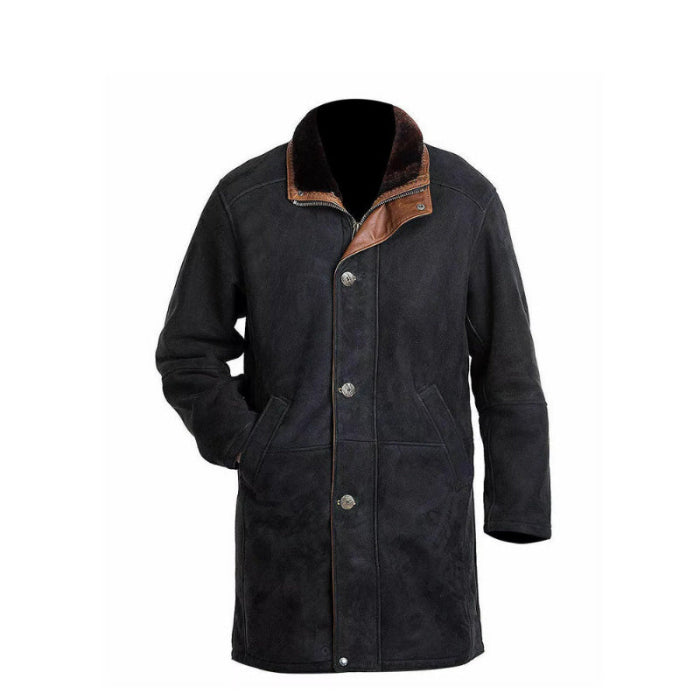 Longmire Sheriff Black Trench Suede Leather Coat