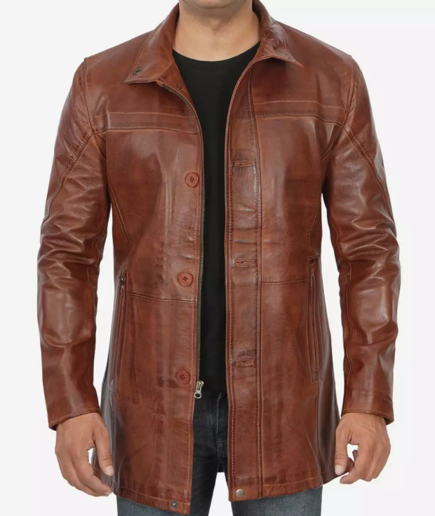 Men's Tall Premium Cognac Waxed Leather Car Coat